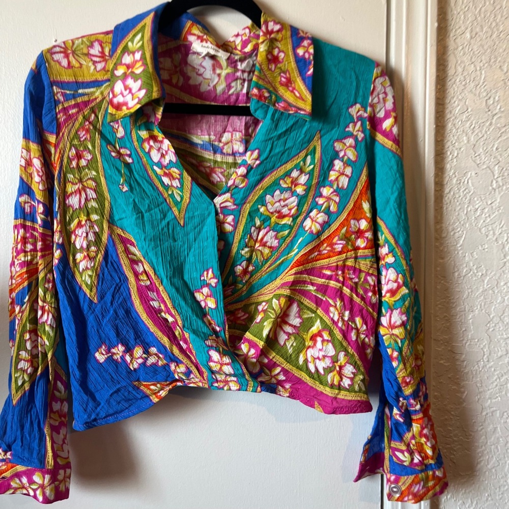Haute Hippie Bright Tropical Surplice Floral Cropped Blouse Rayon Boho Crop Top